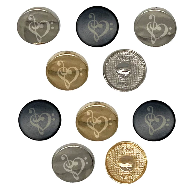 Treble Bass Clef Heart Music Love 0.6" (15mm) Metal Shank Buttons - Set of 10