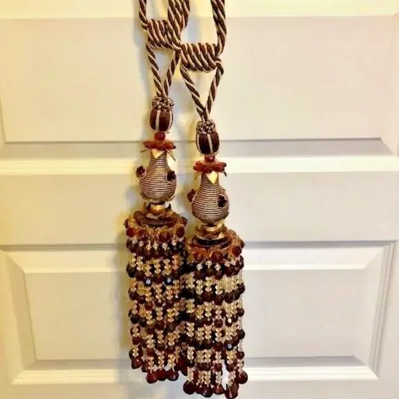 Pair of Large Stunning Rope Tiebacks with Amber Brown & Gold Jeweled Tassels