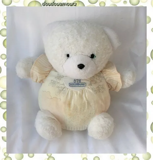 Doudou Peluche Ours Boule Blanc Tissu Imprimé Arbre Lapin Vintage Nounours