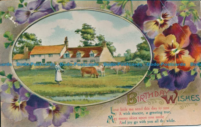 R146590 Greeting Postcard. Birthday Wishes. House and Cows. Wildt and Kray. 1911