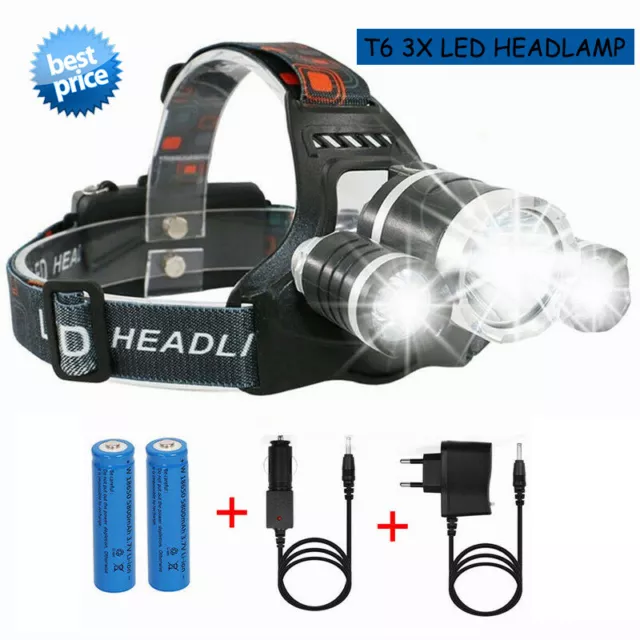 3 x XML CREE T6 LED Zoom Rechargeable Headlight Lamp Flashlight Waterproof