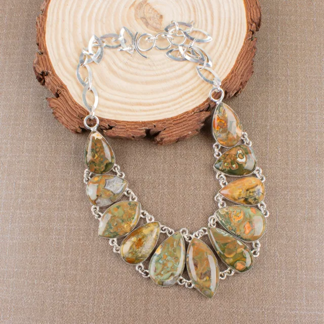 925 Solid Silver Rain Forest Jasper Gemstone Ethnic Girl Jewelry Necklace 16-18"