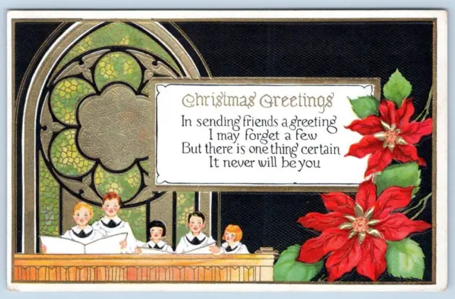 1920's CHRISTMAS GREETINGS CHOIR CHURCH STAINED GLASS WINDOW EMBOSSED POSTCARD