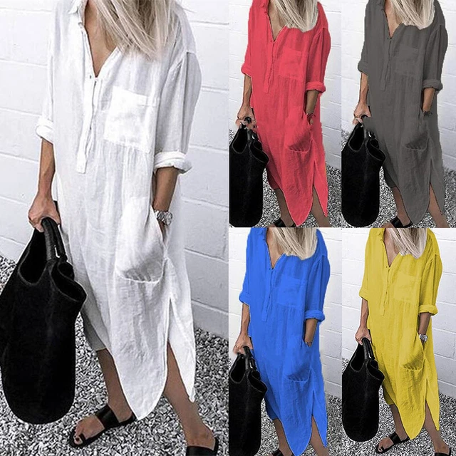 Été Femmes Long Bouton Robe Décontracté Col Chemise Tunique Haut Chemisier *