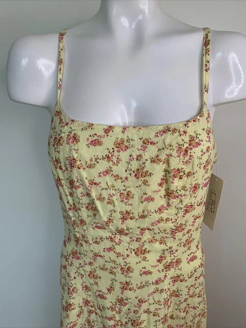 LUNA LUZ Womens Sz M Yellow Floral Tiered Sundress Cotton Spaghetti Straps