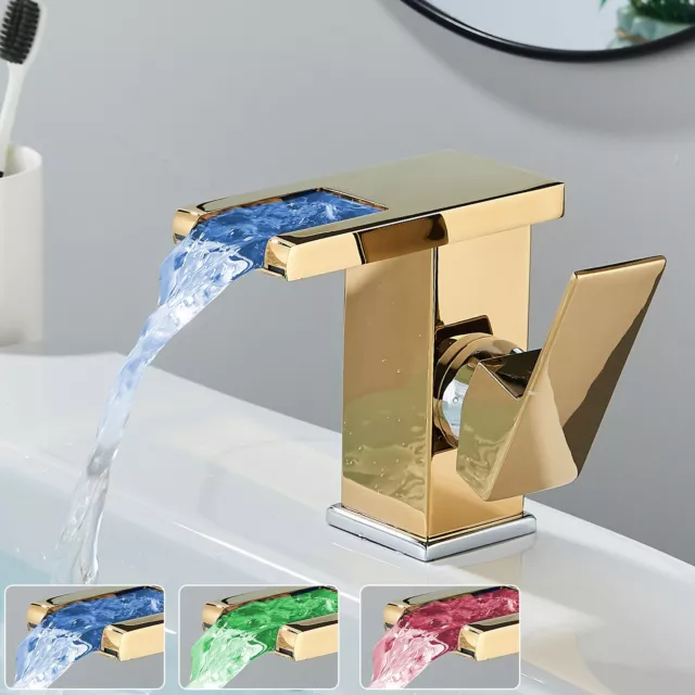 Gold Waterfall Bathroom Sink Tap LED Basin Mixer Tap Single Lever Mono Faucet