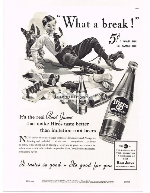 1937 HIRES ROOT BEER Boy Roller Skater Groceries Scottish Terrier Vintage Ad