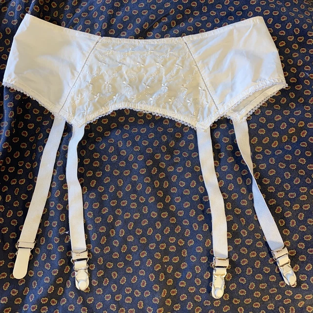 Vintage NOS Garter Belt suspenders Metal Clips White floral embroidered Sz 28