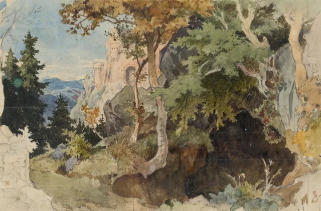 R. SCHUSTER (1848-1902), Nahe einer gotischen Höhenburg, um 1870, Aquarell