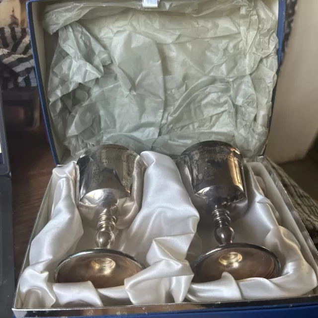 Mappin And Webb Pair Of Silver Plated Goblets Queens Award 1978