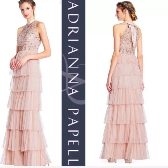 Adrianna Papell Blush Pink Tiered Tulle Skirt Beaded Bodice Ball Gown Dress