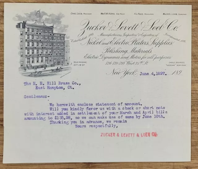 1897 Letterhead New York City Zucker Levett Loeb Nickel Electric Platers