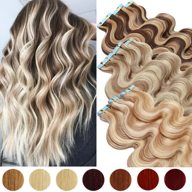 Balayage Wavy Tape In Real Remy Human Hair Extensions Russian Skin Weft Thick US