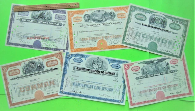 Lot/6 Diff 1950's - 70's OLD STOCK CERTIFICATES Oil & Gas PAN AM Railroads IT&T