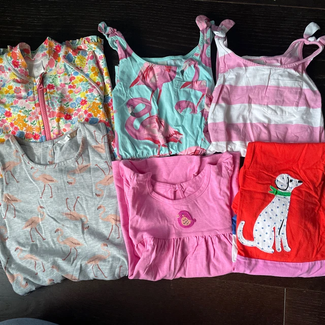 Age 5 Girls Bundle 3 playsuits, dress, tshirt & swimsuit. ex condition. flamingo