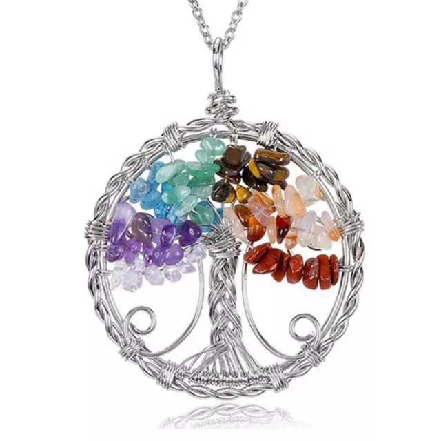 Natural Healing Crystal Tree of Life Quartz Chakra Reiki Stone Pendant Necklace