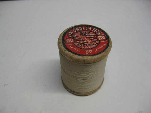 Mercerie ANCIENNE BOBINE FIL DE LIN cablé 6 fils blanc N°532 DV fuseau 2