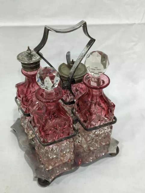 Rubina Glass 4 Piece Condiment Set With Silver Plated EPNS Caddy