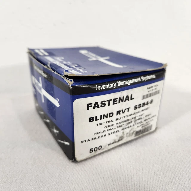 Fastenal Blind Pop Rivets #41316 500 Ct Box 1/8” Dia SSB4-8 3/8”-1/2" Stainless