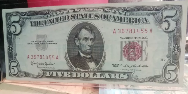 1963 Series Five Dollar Red Seal Note Certificate Old US Bill $5 Money