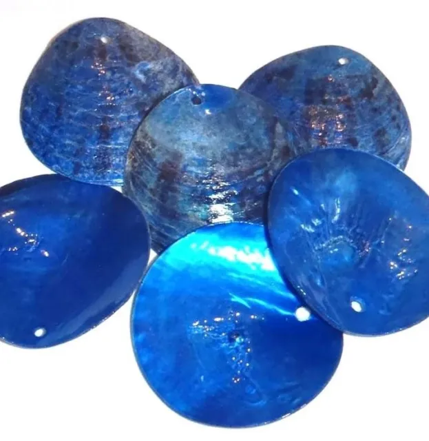 S411f Dark Blue 40mm Top-Drilled Round Coin Drop Mussel Shell Gemstone Beads 6pc
