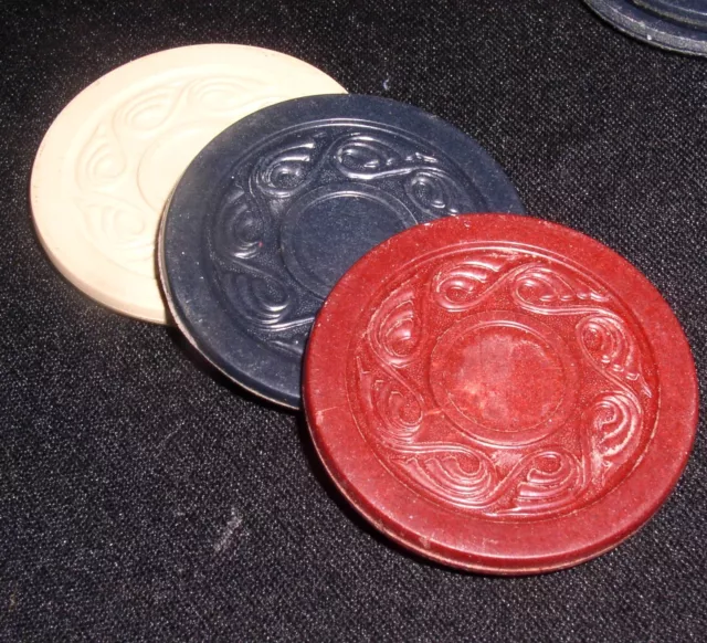 Swirl/Rotary lot of  71  vtg Embossed Clay Composite Red/Ivory/Blue Poker Chips