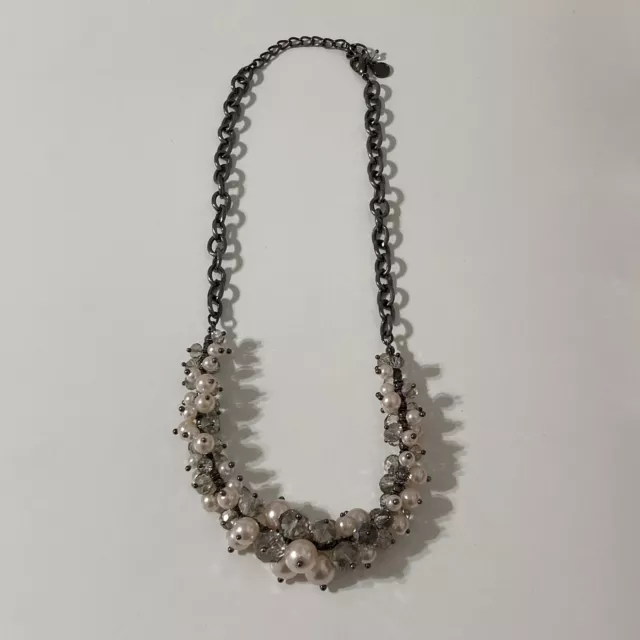 Bubble Bauble Pearl Beaded Silver Tone Gun Metal Chain Statement Necklace
