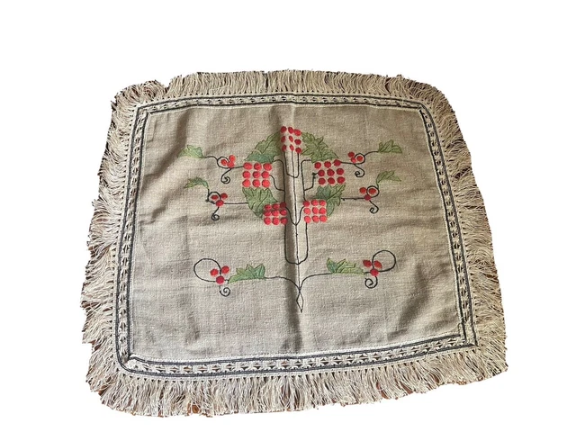 Antique Arts & Crafts Embroidered Leaf & Red Berry Pillow Tatting Richardson's
