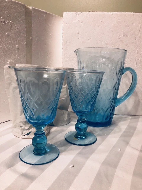 New Avon depression style glass pitcher and 4 glasses ~ blue Goblets Cold Drinks