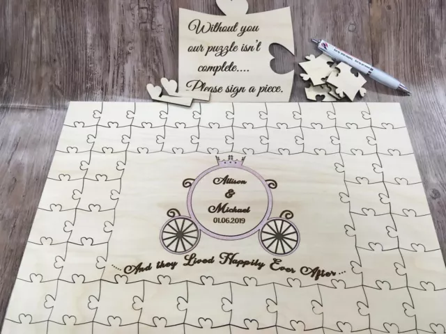Personalised wooden cinderella carriage wedding guest book jigsaw puzzle