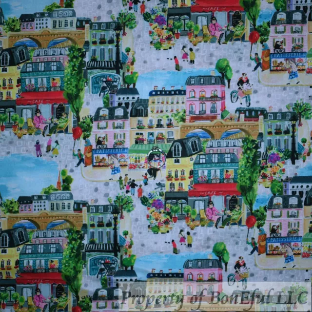 BonEful FABRIC FQ Cotton Quilt Rainbow Scenic People Town House Home City Street