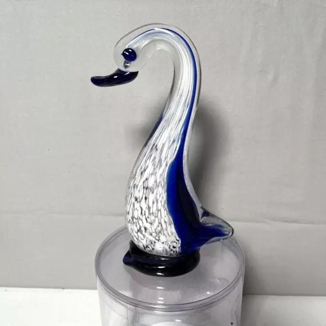 Vintage Hand Blown Glass Murano Style Goose Swan Blue Cobalt White 8" NICE!