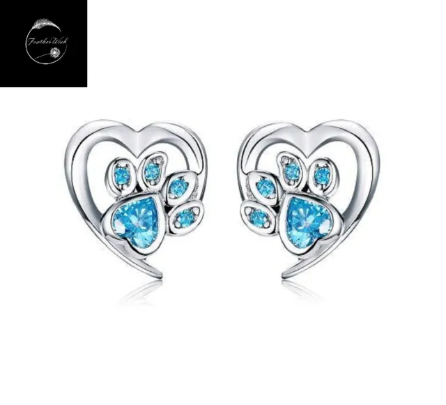 Blue Paw Print Dog Cat Women's Girls Stud Earrings Sterling Silver 925 And CZ
