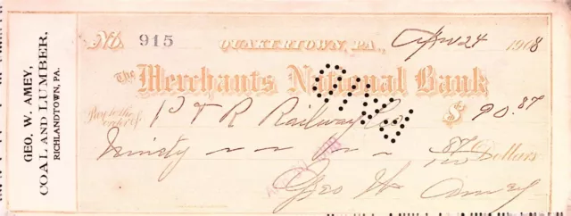 Merchants National Bank Quakertown PA 1908 Check Geo Amey Coal and Lumber