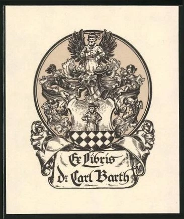 Exlibris Dr. Carl Barth, Wappen mit Ritterhelm, Mann mit Flügel und Schachbrett