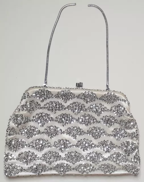 Vtg 50s/60s Hertford evening bag silver satin sequins & seed beads BROKEN HANDLE