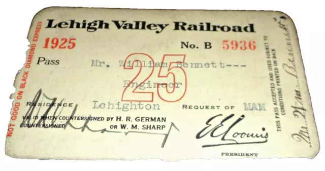 1925 Lehigh Valley Railroad Employee Pass #5936