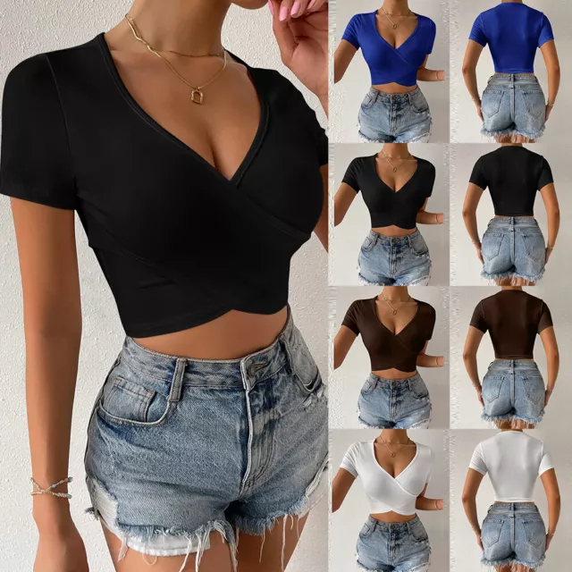 Womens V-Neck Sexy Crop Tops Summer Short Sleeve Slim Fit T-Shirt Blouse Tee