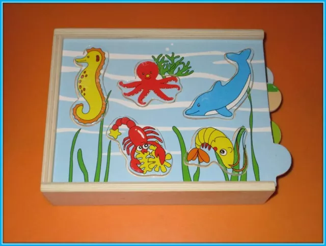 4 Puzzles à encastrer en bois animaux mer, ferme,savane avec casier de rangement