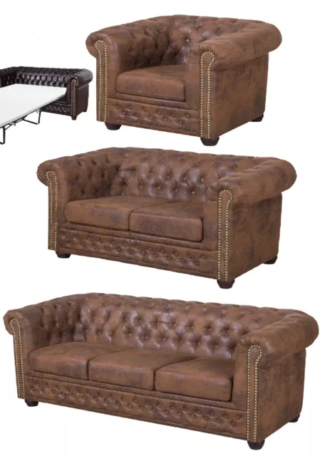 % Chesterfield SET Sofa 3 SITZER Sessel SCHLAFSOFA BRAUN VINTAGE WILDLEDER LOOK