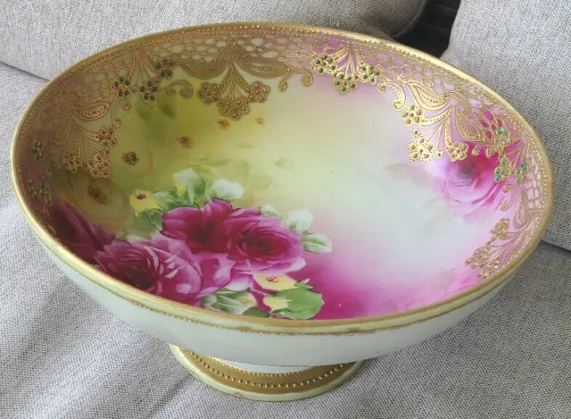 Nippon Hand Painted Cabbage Rose Heavy Raisied Gold Beaded Pedestal Fruit Bowl
