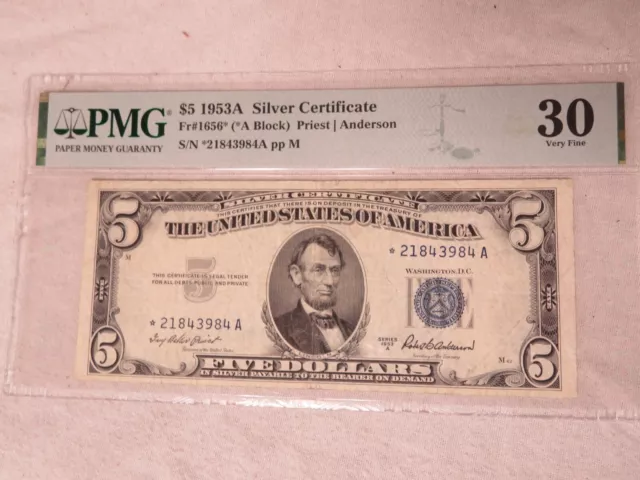1953-A $5 Silver STAR Fr. 1656* PMG 30 Serial *21843984A