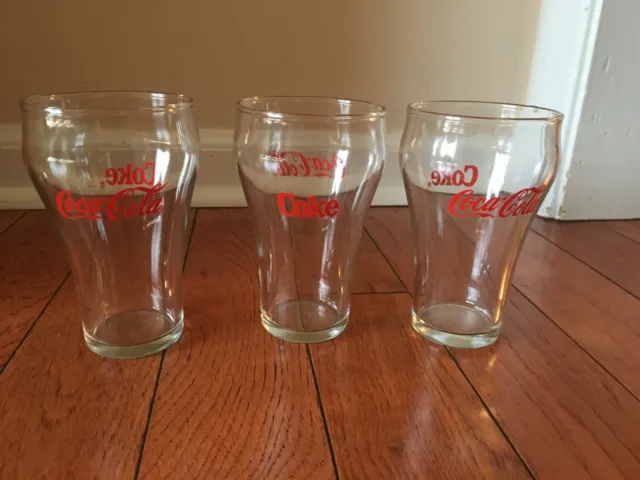 Coca Cola Glasses Set Of 3 Clear With Red Lettering Shorter Version 5 Inch