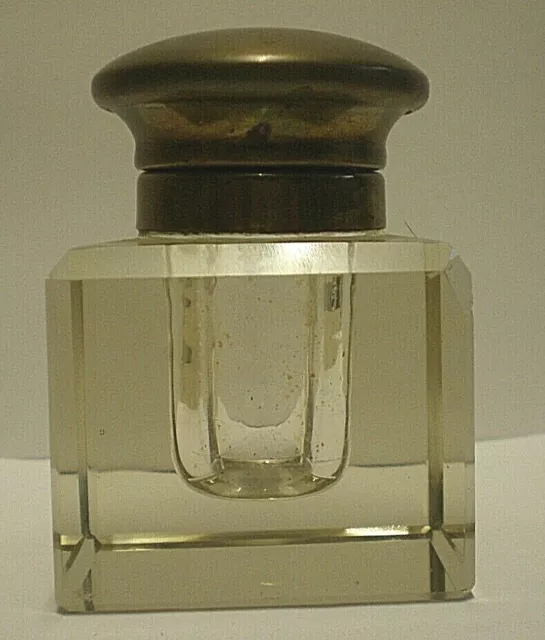 Victorian Cut Crystal Cube Ink Well With Hinged Brass Lid (Cab)