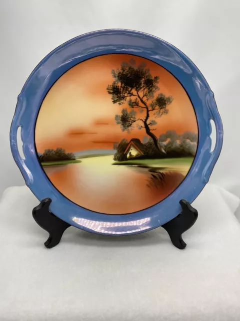 Vtg Noritake Hand Painted 9 1/2” Cabinet/Cake Plate Handled Sunset River Scene