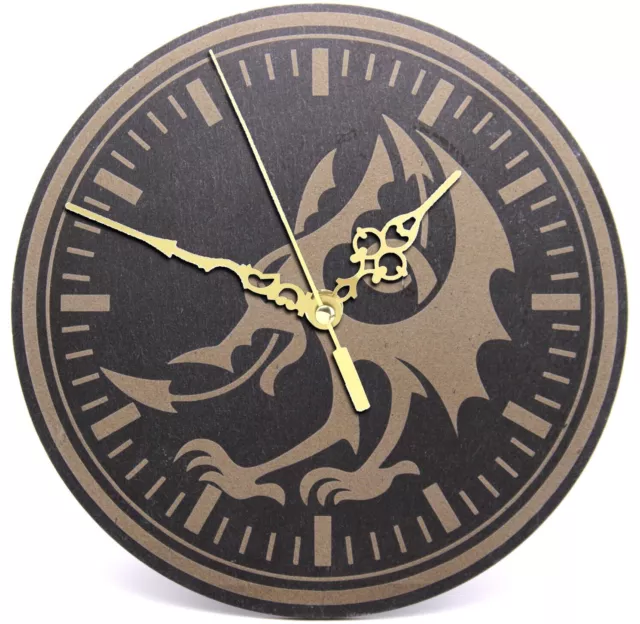 Genuine Welsh Slate Wall Clock With Modern Welsh Dragon Design,  Non-Ticking