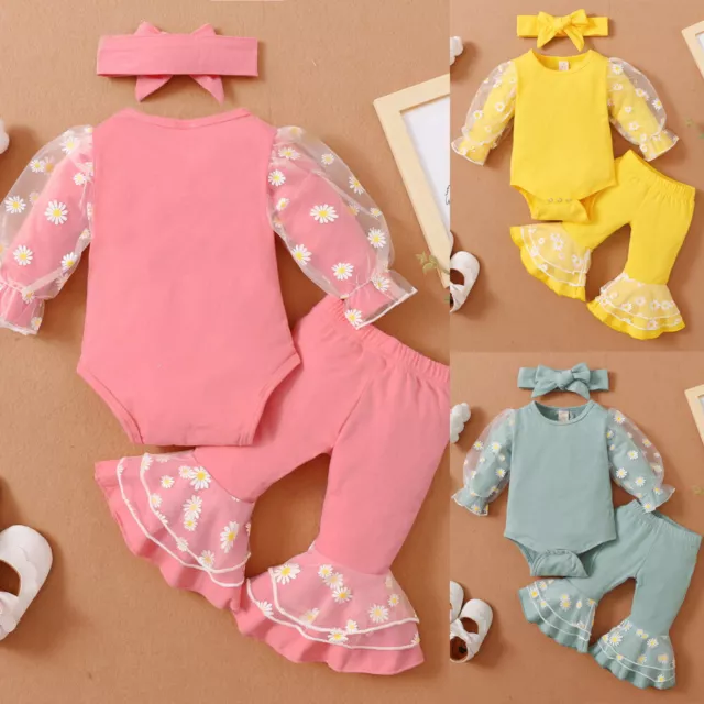 Newborn Baby Girls Bodysuit Clothes Pants Floral Romper Top Headband Outfits Set