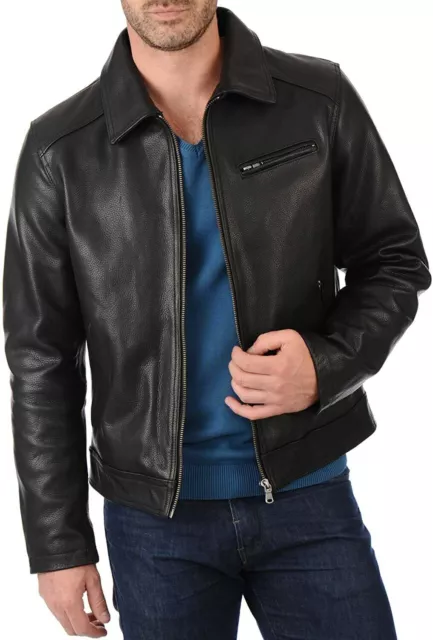 Men's Leather Jacket Cafe Racer Biker Black Motorcycle Genuine Sheepskin Leather