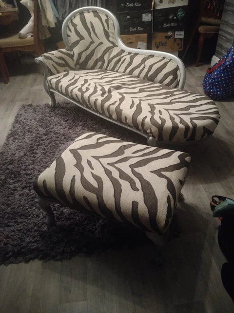 Antique Zebra Print Right Arm Chaise Lounge With Stool (Not Original Upholstery)