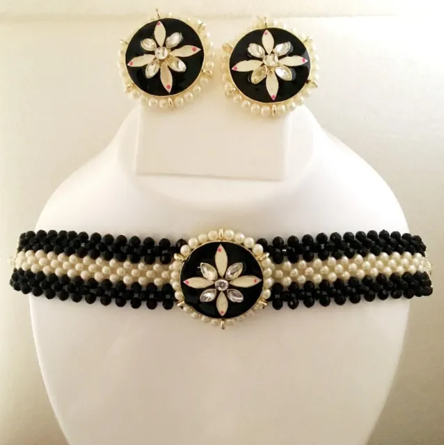 Ensemble de bijoux collier et boucles d'oreilles indiens noirs Bollywood...